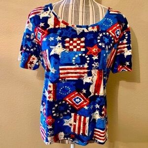 Collections Etc Tee Large Red White Blue Taupe 100% Cotton Sequins Short Slvs